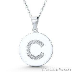Initial Letter "C" CZ Crystal Circle Pendant in .925 Sterling Silver w/ Rhodium